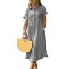 Striped Lapel Button Down Shirt Dress with Pockets Summer Casual Short Sleeve A-line Long