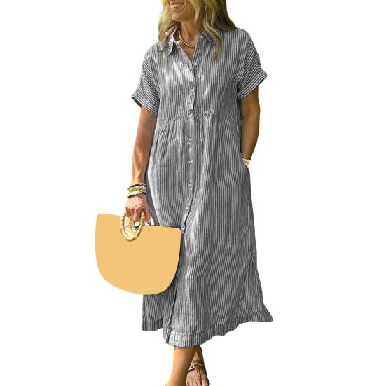 Striped Lapel Button Down Shirt Dress with Pockets Summer Casual Short Sleeve A-line Long