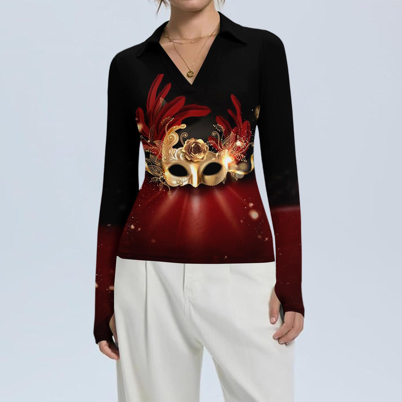 

Женская Мода Повседневный Принт V-образный Вырез Длинный Рукав Застежка на Пуговицы Топ XL винный