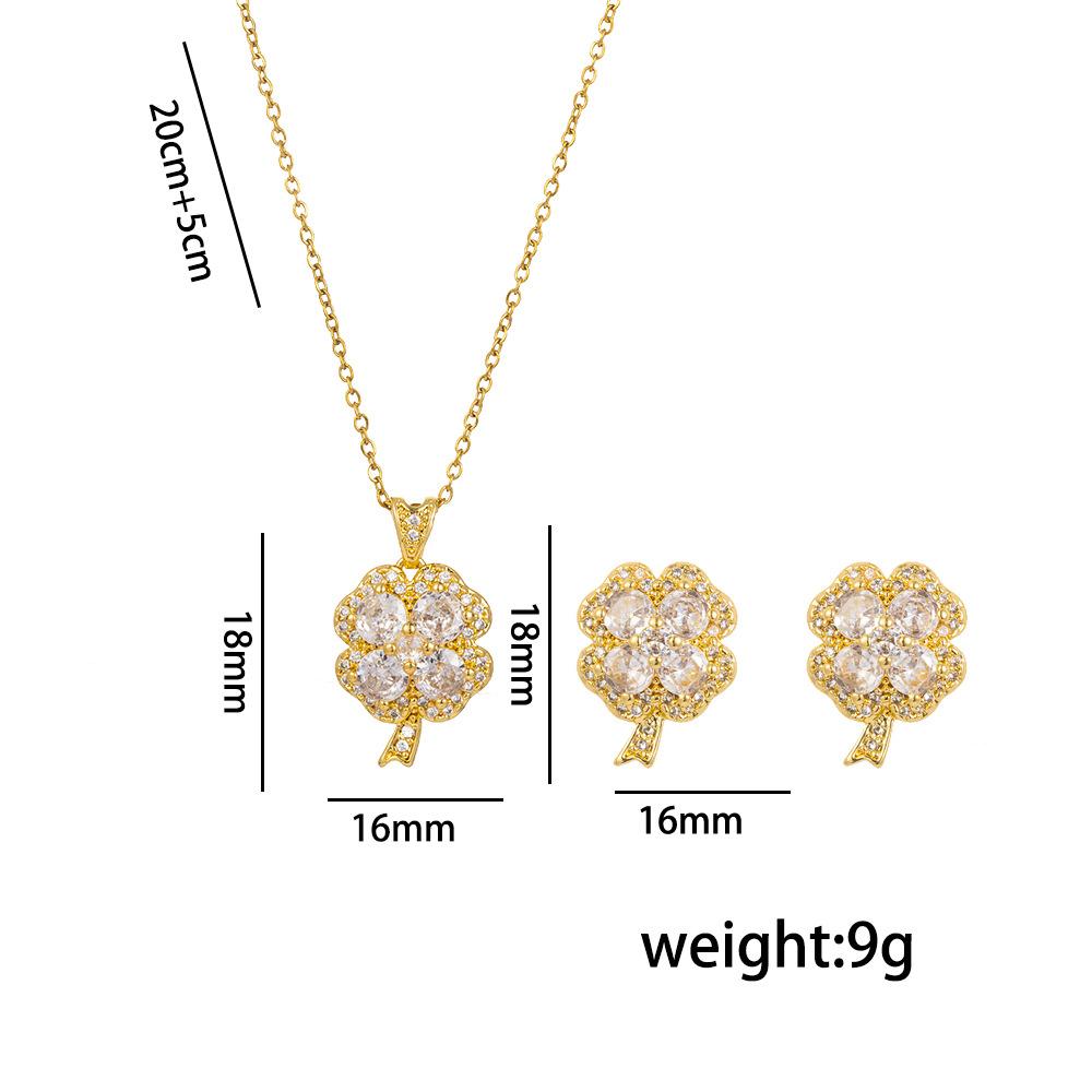Elegantes Vollkristall vierblättriges Kleeblatt Halsketten- und Ohrstecker-Set, Minimalistischer Titanstahl Schmuck, Modisches Geschenk für Frauen