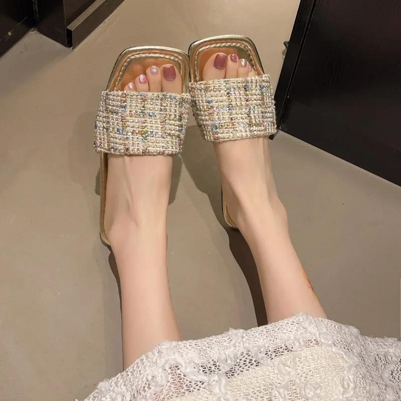 Flache Hausschuhe Damen Neu Sommer Quadratischer Zehenbereich Gewebt Strandurlaub Strandschuhe Rutschfest Offene Zehenpartie Große Größen Damenschuhe