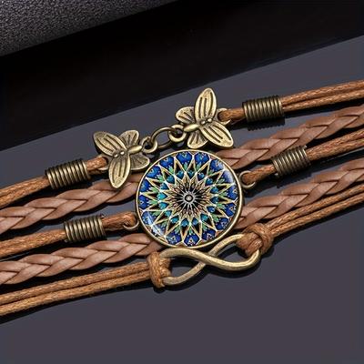 Yoga Mandala Blume Armband Damen Vintage Handgewebt Mehrlagig Leder Handseil Zeit Edelstein Schmetterling Handschmuck