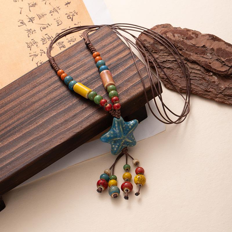

Летнее керамическое разноцветное ожерелье с бусинами и морской звездой, длинное плетеное веревочное ожерелье, аксессуар синий