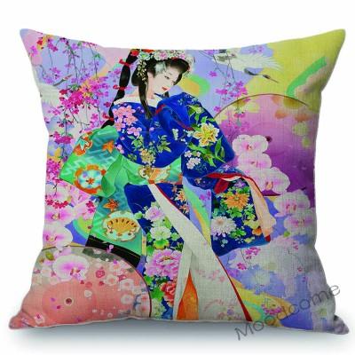 Floral Asian Girl Woman Japanese Geisha Art Sofa Pillow Case Japan Painting Beauty Goddess Home Decor Cotton Linen Cushion Cover