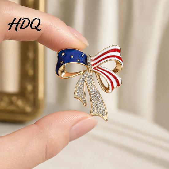 Independence Day Jewelry Bow Brooch Pin Patriotic Rhinestone Lapel Sweater Decorative Pin Cardigan Coat Suit Accessory Gift for 4th of July