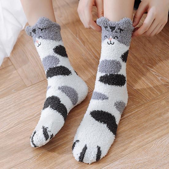 Fuzzy Sleep Socks Warm Cute Cat Plush Socks Stretchy Breathable Winter Indoor Socks