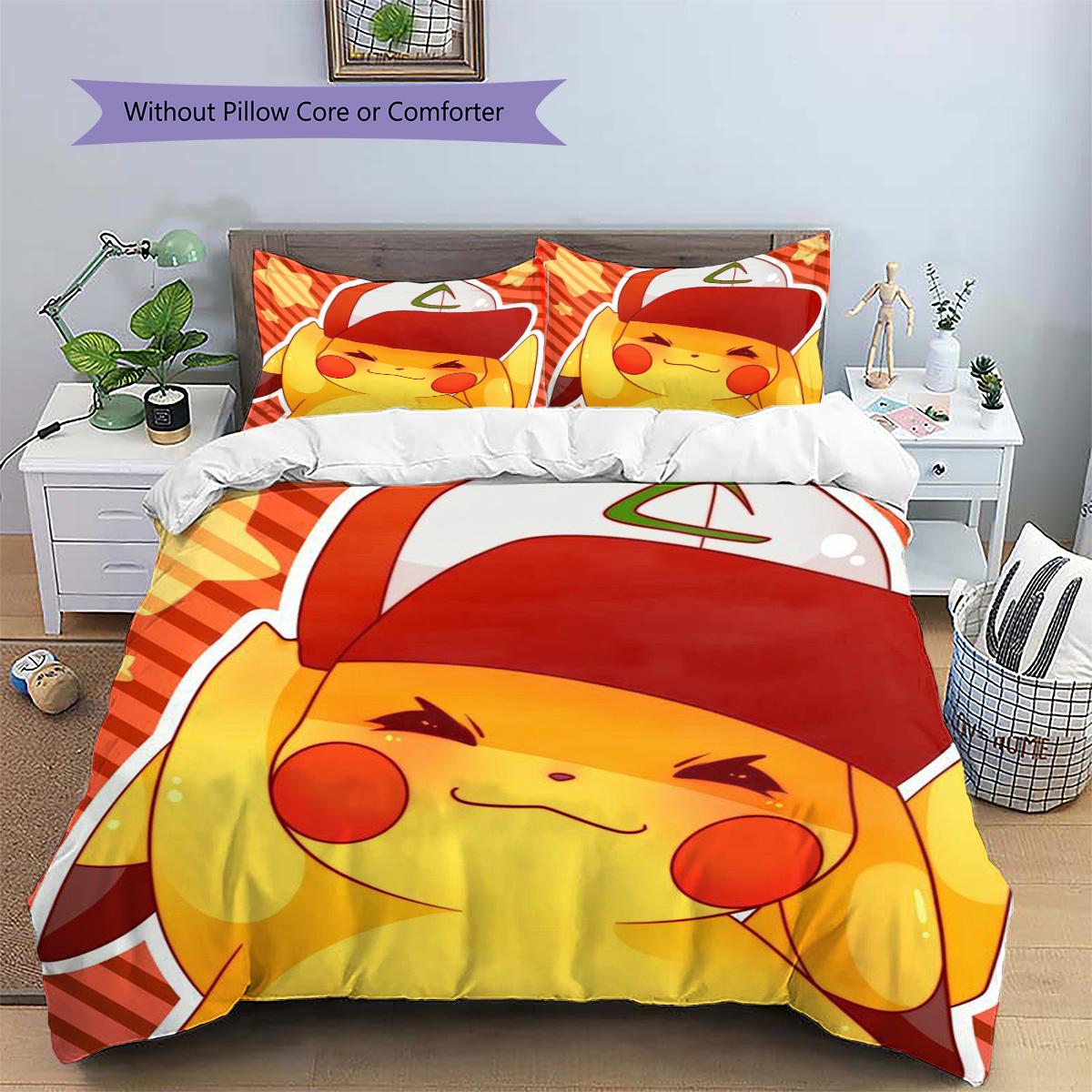 

Pikachu Patterned Pillowcase & Duvet Cover Set Bedroom Bedding Decor Best Gift Pick for Anime Admirers.-TING 135x200cm