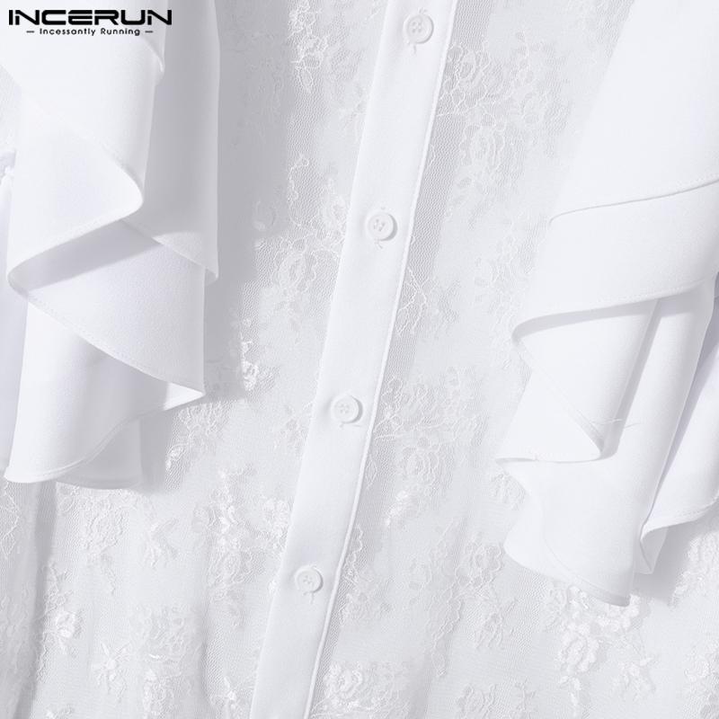 INCERUN Pánská trička s dlouhým rukávem a volánkem, krajkovým potiskem, ležérní patchworkové topy