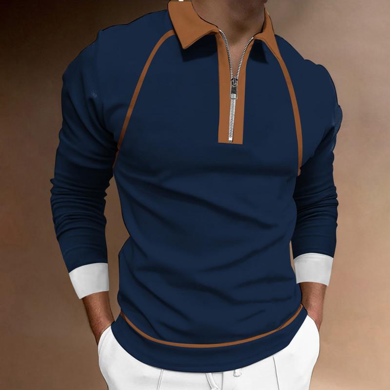 Men's Zip Patchwork Lapel T-Shirt Long Sleeve Polo Shirt Men's Long Sleeve Sweatshirt T-Shirt