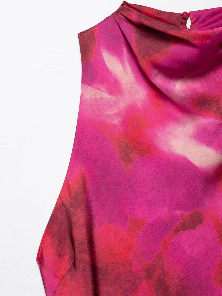 2025 Spring Women's Slim Fit European Satin Print Midi Dress