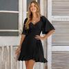 Women Summer Casual V-Neck Short Dress Solid Color A-Line High Waist Above Knee Lotus Leaf Sleeve Spring Dress S-XL