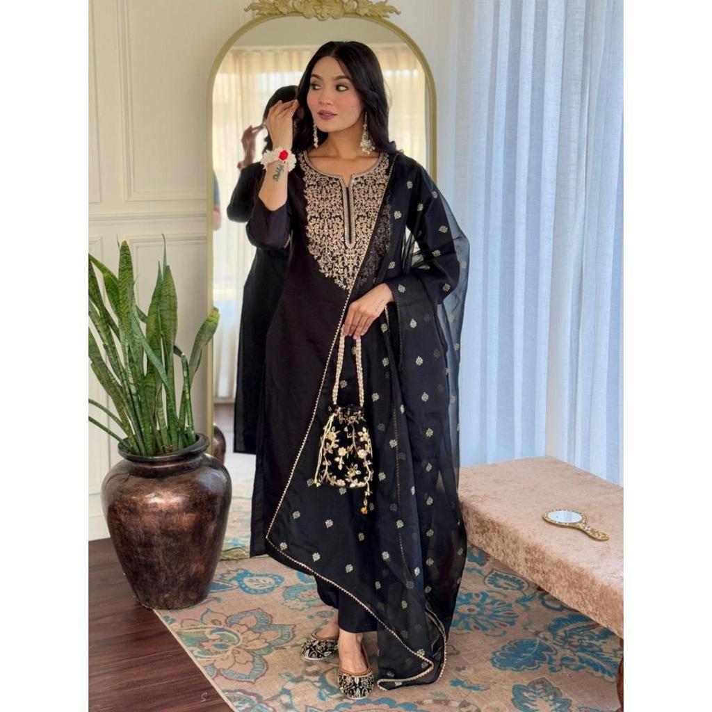 Women's Viscose Embroidered Straight Kurta with Pant And Dupatta Sets