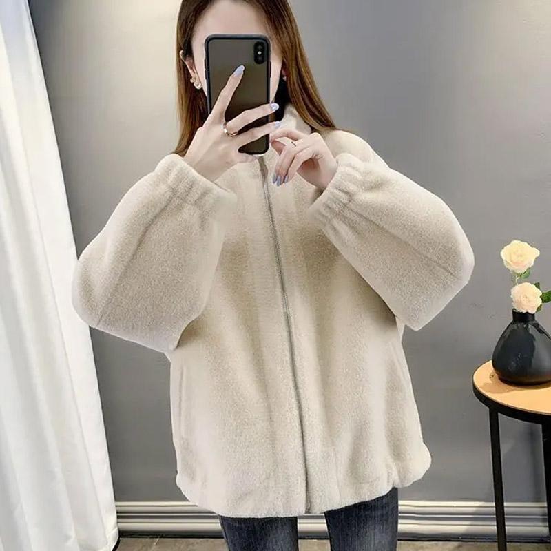 Coat for Women Fleece Thickened Plush Autumn Winter Stand Collar Top Oversize Casual Zipper Jacket