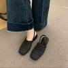 Moda Verão 2025 Novas Sandálias Femininas com Salto Bloco, Boca Rasa, Palha, Bico Fechado, Costas Vazadas, Sandálias de Uma Tira, Sapatos de Salto Baixo