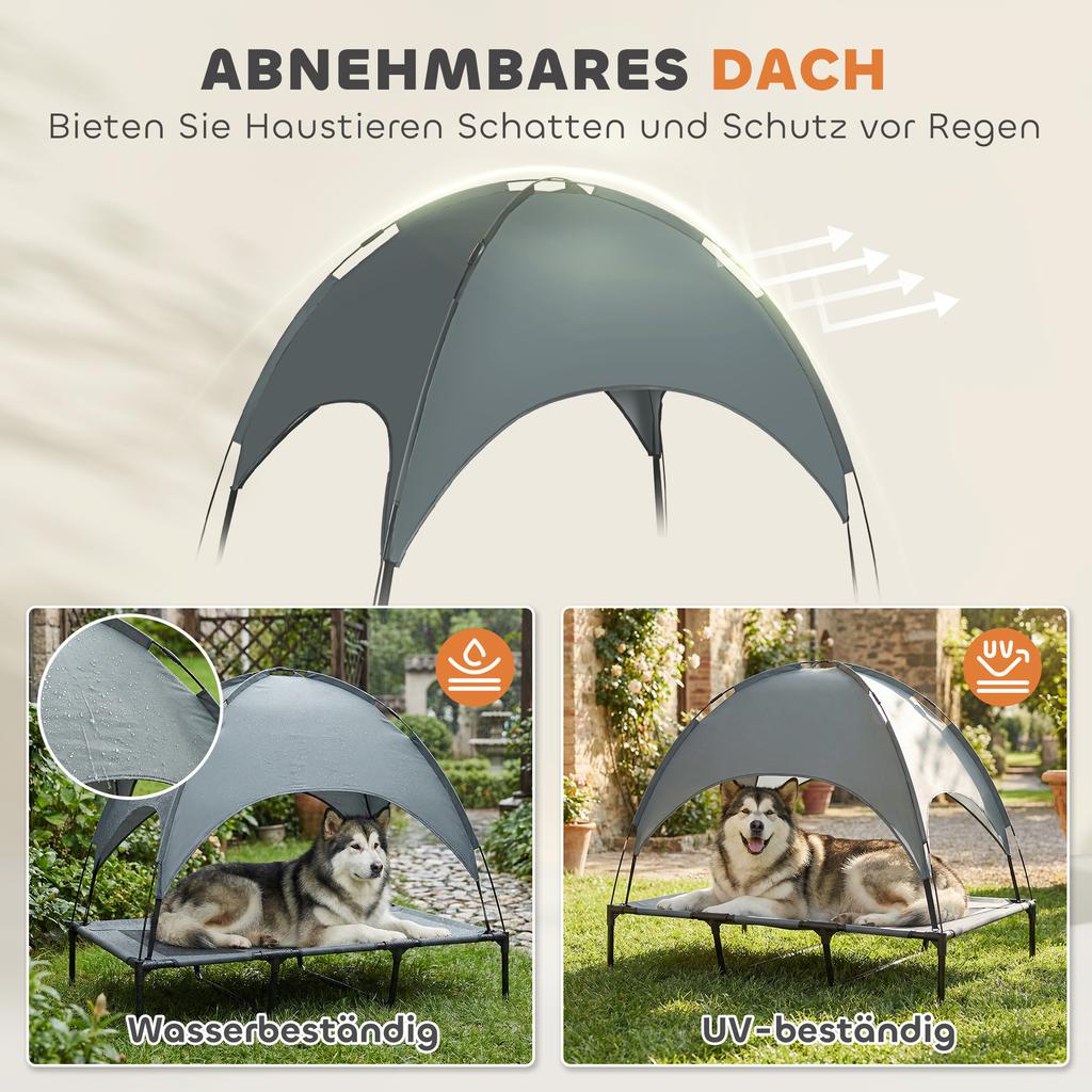 Elevated Dog Bed with Canopy, Outdoor Pet Lounger, Taffeta Fabric, Grey, 122 x 92 x 108 cm
