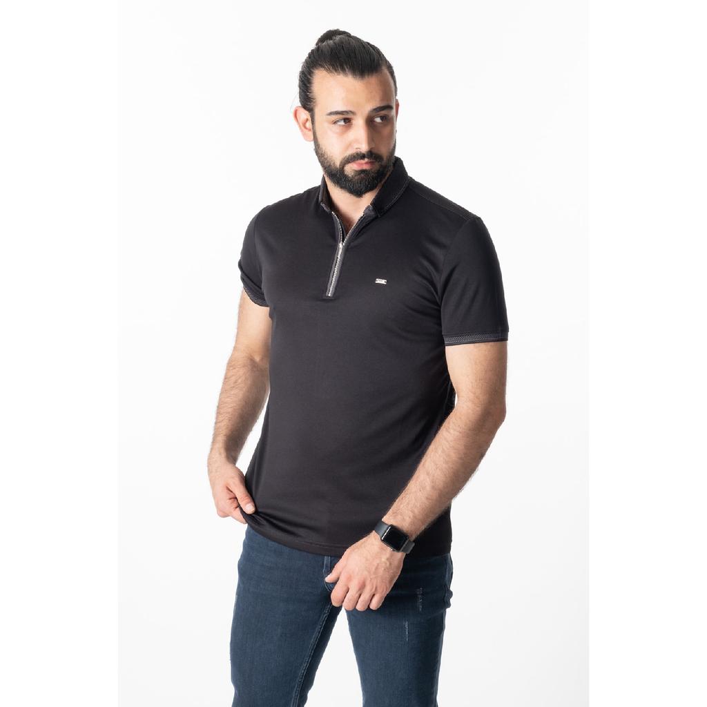 Tricou negru premium cu fermoar cu gât polo pentru bărbați