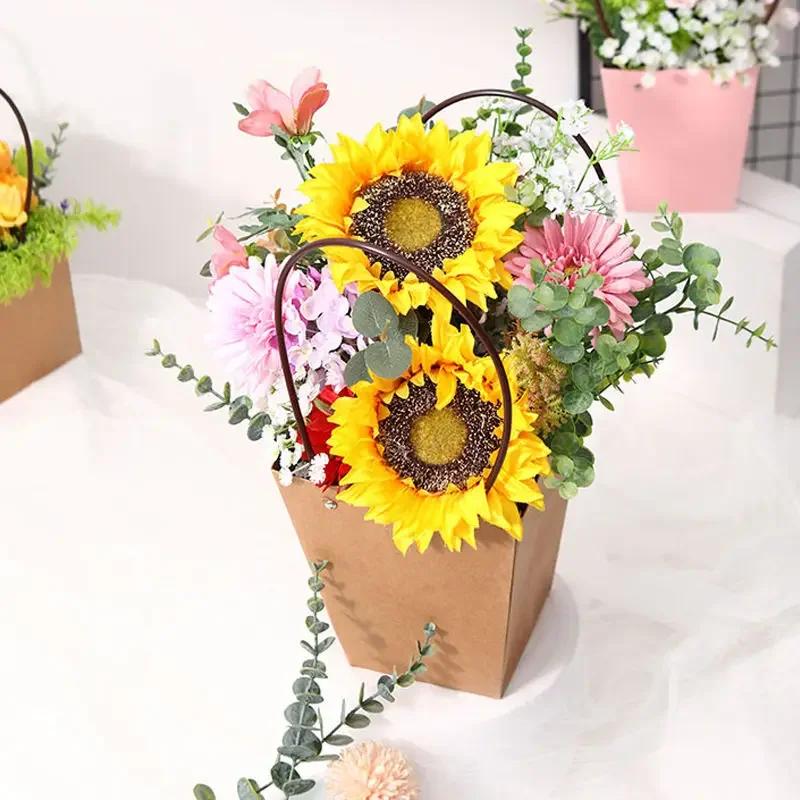 Paper Box Pink Kraft Paper Tote Bag Square Gift Bag  Flower Shop Supplies Valentine's Day Party 10pcs Fresh Flower Packaging