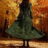Retro style plant berry print long-sleeved long dress dark green waist design autumn outdoor wear elegant atmosphere