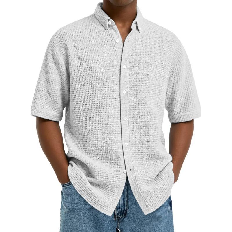 Men's Short-Sleeve Waffle-Knit Collared Shirt - Breathable Casual Button-Down Loose-Fit Top