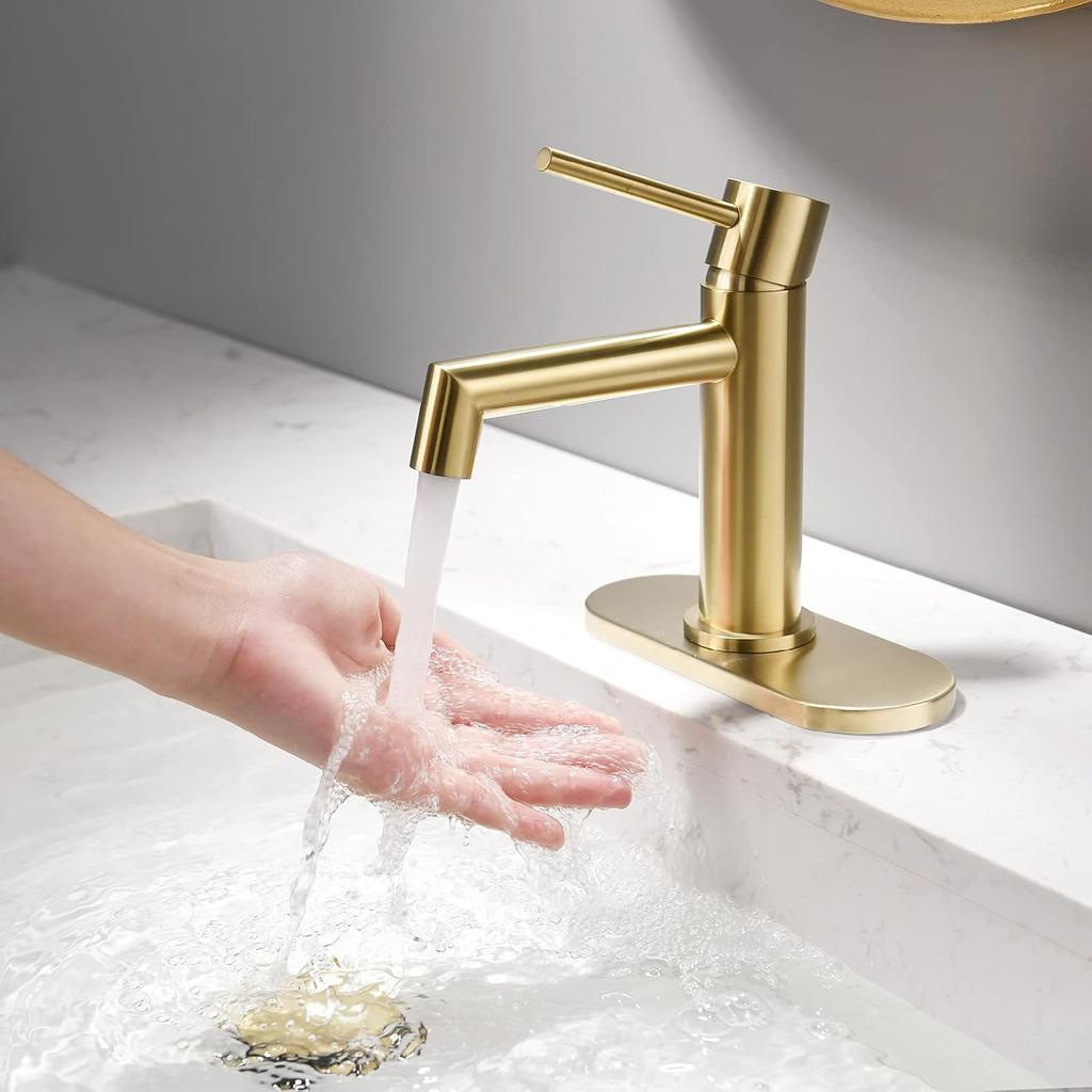 Brushed Gold Bathroom Faucet with Plastic Pop Up Drain, 6.25'' Metal Escutcheon and Supply Lines, Single Handle Stainless Basin Mixer Tap, Modern