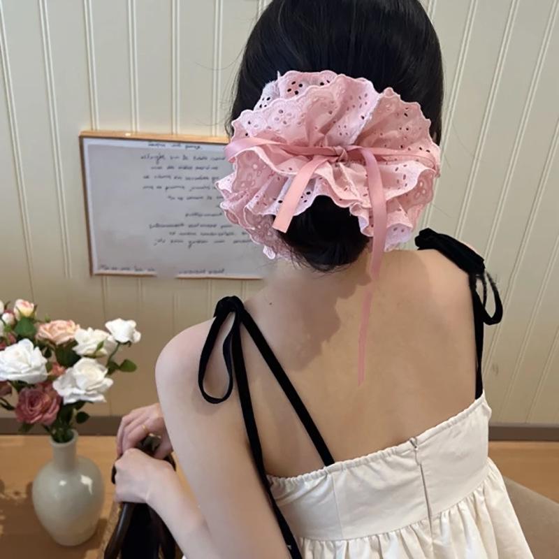 Elegant Korean Blue Striped Lace Trim Scrunchie
