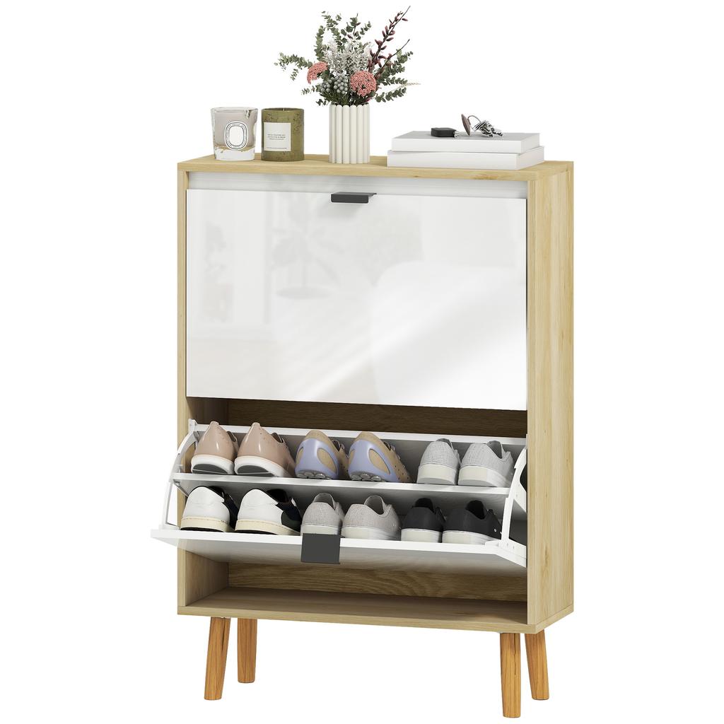Narrow Shoe Cabinet with 2 Doors in Glossy White Adjustable Shelves Wooden Legs for 12 Pairs of Shoes