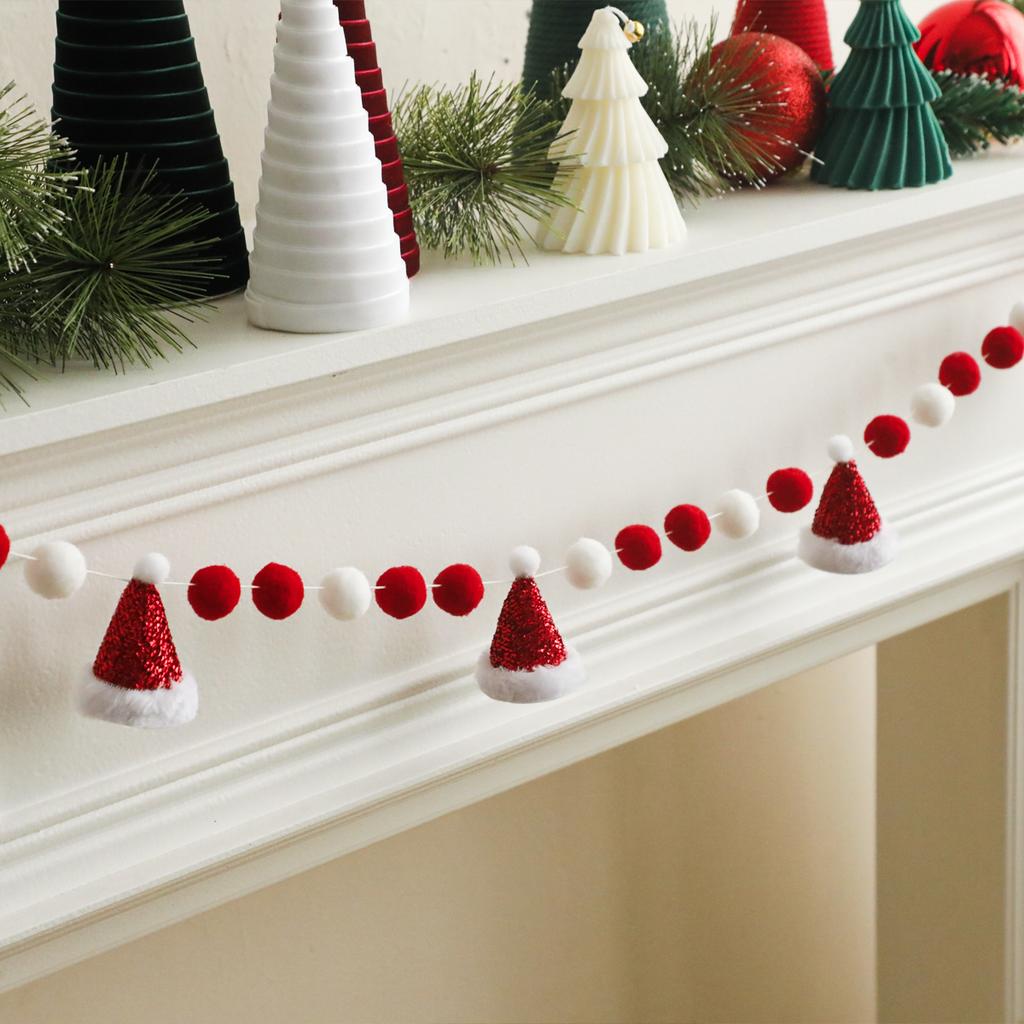 Weihnachts-Nikolausmütze Pompon Girlande Rot & Weiß Filzkugel Schnur Festliche Hängedekoration für Weihnachtsbaum, Kaminwand & Zuhause Geschenk