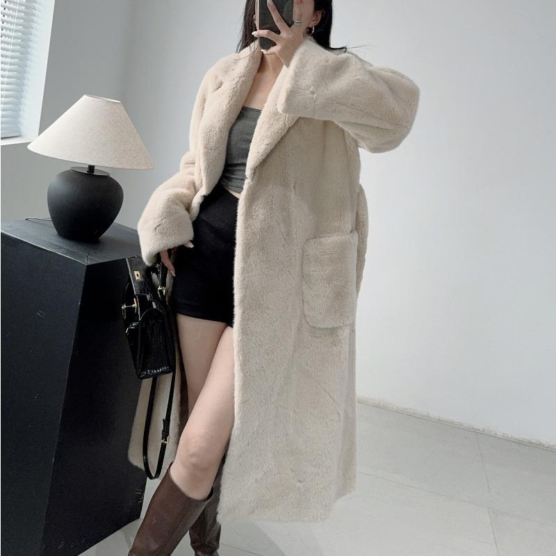 New European Mink Eco-friendly Fur Coat, Imitation Fur Mid-length Imitation Mink Fur Bathrobe Style Coat for Women
