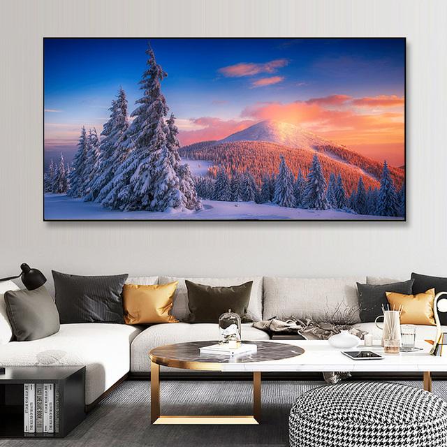 Peisaj Brad Zăpadă Iarnă Pânză Pictură Apus de soare Nor roșu Postere și imprimeuri Artă de perete Living Decor Home Fără cadru Fără cadru