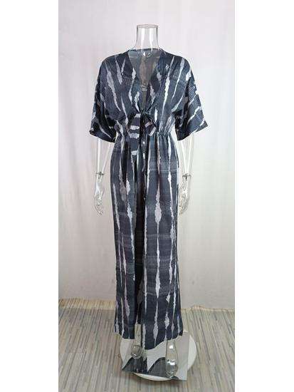 2025 Women's European & American V-Neck Tie-Up Jumpsuit - Sexy Loose Autumn Wear, 3/4 Sleeves.
