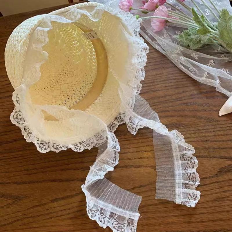 New Korean Simple Lace Big Brim Straw Hat For Women'S Summer Outdoor Hollow Breathable Sunshade Seaside Vacation Sun Hats