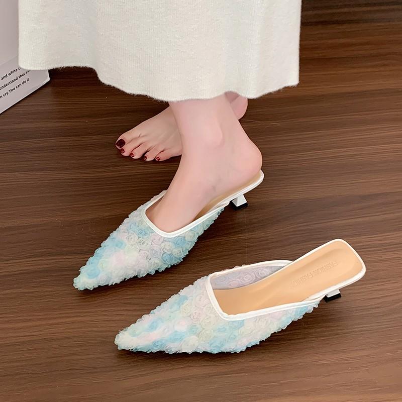 New Style Popular Small Fragrant Wind High Heel Half Slippers Spring/summer Vintage High Heels Gentle Single Shoe Sequined Shoes