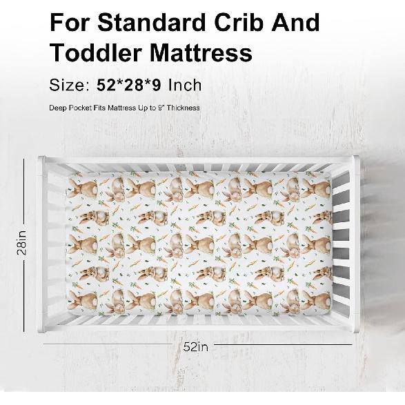 Cute Bunnies Fitted Baby Crib Sheet for Boy Girl 52"x28" Easter Rabbits Carrots Leaves Crib Mattress Cover Spring Bunny Baby Sheets for Standard Crib