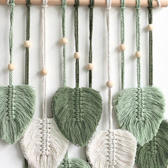 Wall Decor Large Boho Macrame Handmade Yarn Woven Wall Art Leaf Tapestry Wall Hanging with Faux Feathers for Home Decor