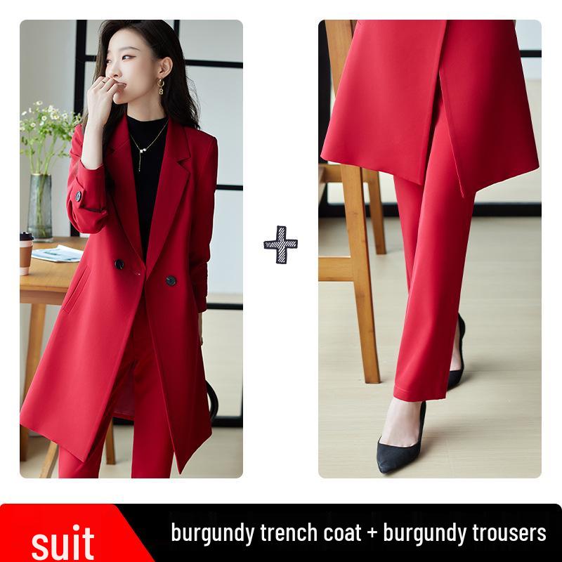 Damen Midilanger Roter Trenchcoat Anzug - High-End Businesskleidung für Herbst/Winter 2025
