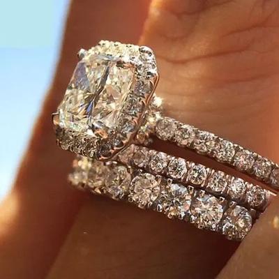 Huitan Modern Fashion Geometric Square Cubic Zirconia 3Pcs Set Women Rings New Trendy Wedding Party Rings Luxury Jewelry
