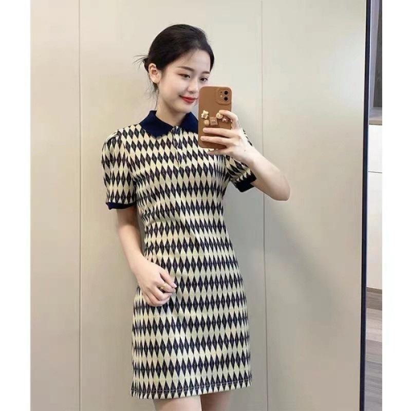 Polo collar rhombus plaid dress women s summer new retro niche design slim short skirt S