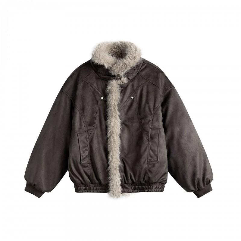 Unisex Retro Suede Cotton Puffer Jacket Winter Warm Oversized Parka With Stand Collar Side Pockets