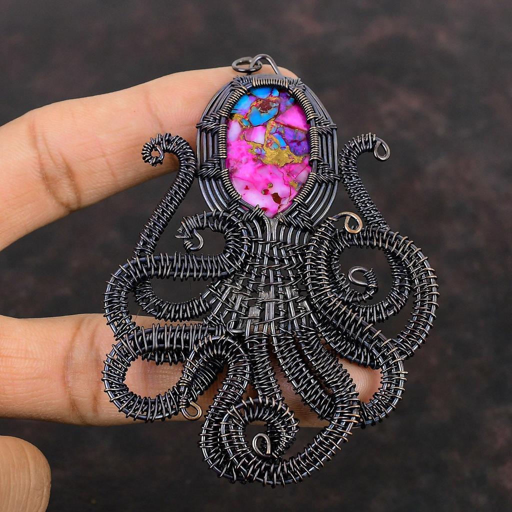 Natural Kingman Pink Dahlia Turquoise Gemstone Pendant Copper Wire Wrapped Pendant Octopus Pendant Handmade Pendant Copper Jewelry For Gift