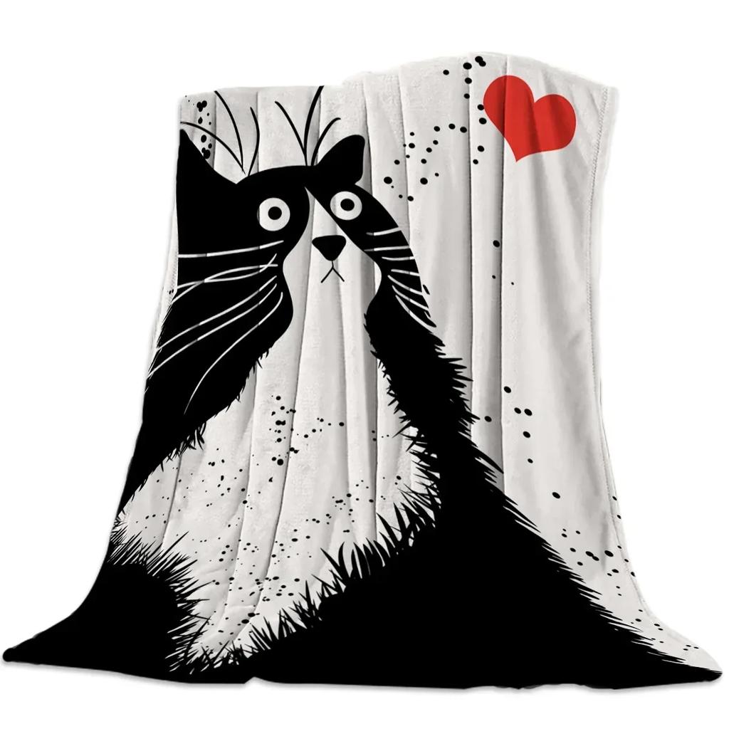 Schwarz-Weiß-Katzenmuster Flanell-Kuscheldecke für Sofa Bett Couch Weich Leicht Gemütlich Kinder Erwachsene Reisen Camping Geschenke