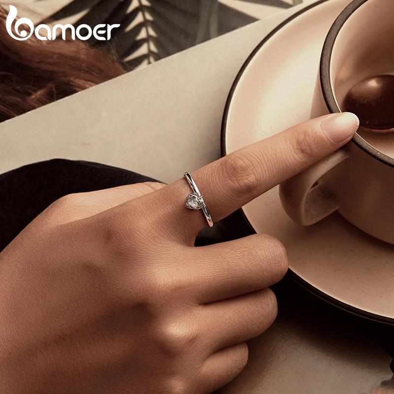 BAMOER Solid 925 Sterling Silver Heart Rose Open Ring Birthday Anniversary Valentines Jewelry Gift for Women Wife