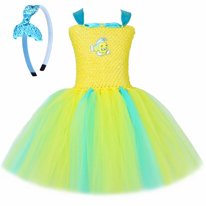 Flounder Costume Toddler Kids Little Mermaid Halloween Carnival Birthday Party Dress Up Girls Yellow Tropical Fish Tutu Dress