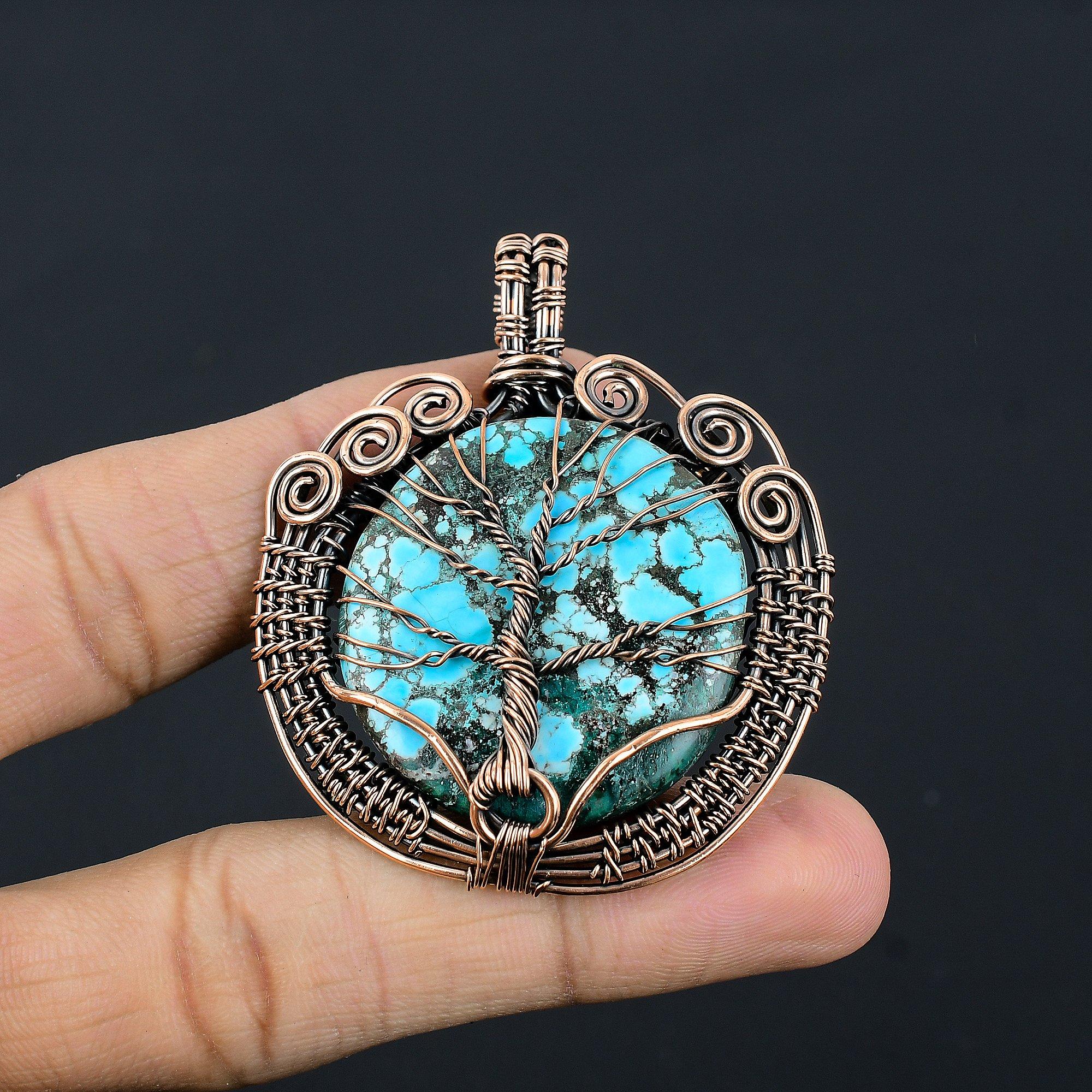 

Tree Of Life Tibetan Turquoise Pendant, 999 Copper Wire Wrapped Gemstone Jewelry, Handmade Pendant, For Thanksgiving 2.55 Inches
