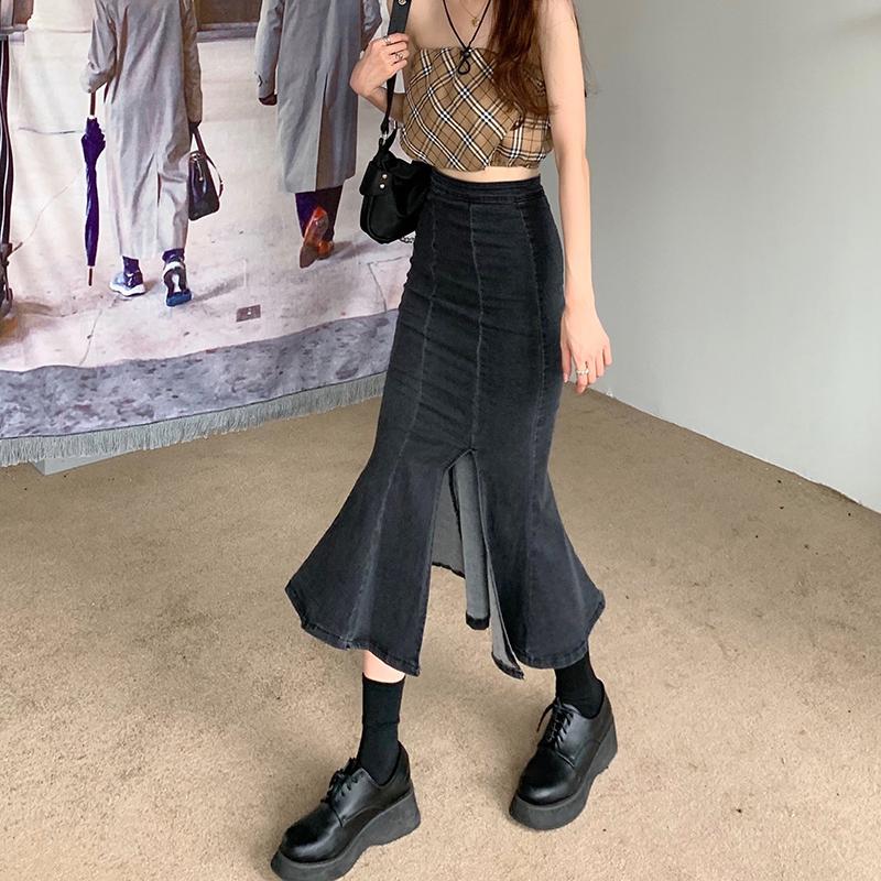 Denim Schlitz Langen Rock Frauen Koreanische Mode Vintage Hohe Taille Bodycon Rüschen Meerjungfrau Midi Rock Elegante Chic Sommer