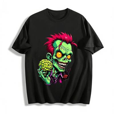 Horror Punk Zombie Holding Brain Graphic Print T-Shirt Pure Cotton T-shirt