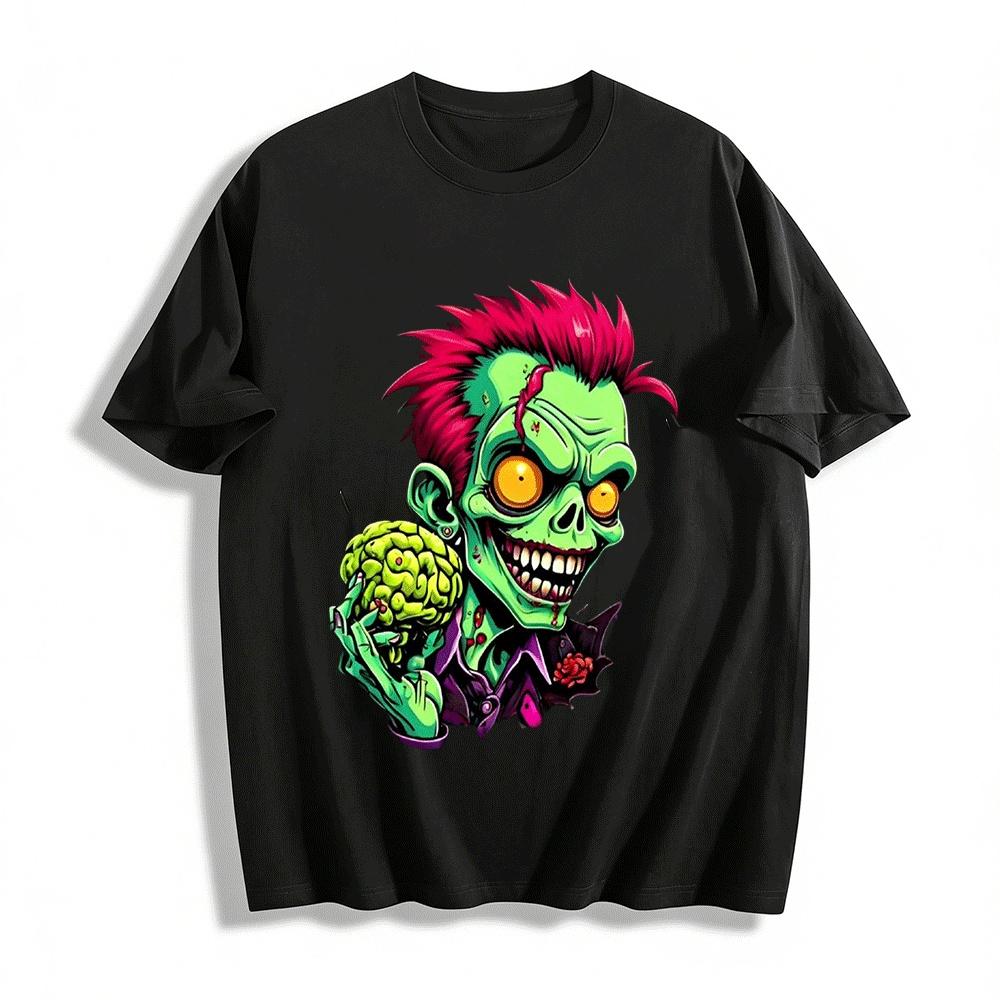 Horror Punk Zombie Holding Brain Graphic Print T-Shirt Pure cotton T-shirt XXS