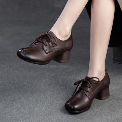 Retro Middle Heel Lace-up Pumps Genuine Leather Casual Commuting Comfortable Women's Shoes
