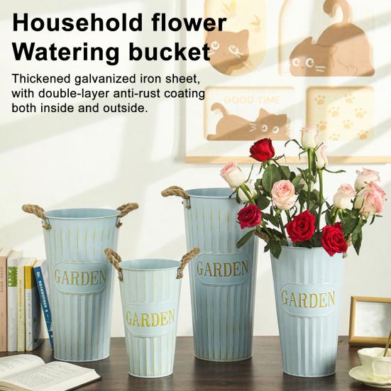 Deep Bucket Vase Galvanized Iron Flower Bucket with Rope Handles Retro Farmhouse Vase for Home Flower Arrangement