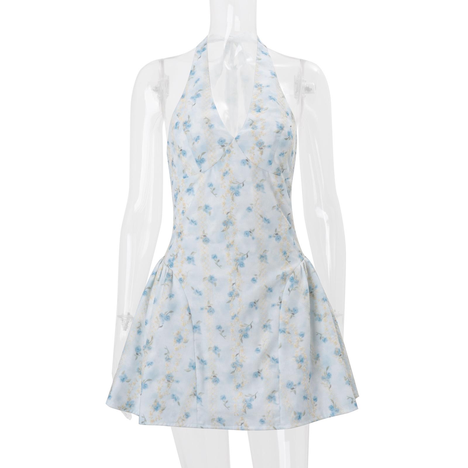 

European and American women s clothing summer new slim-fitting floral sweet waist lace neck dress women S синий