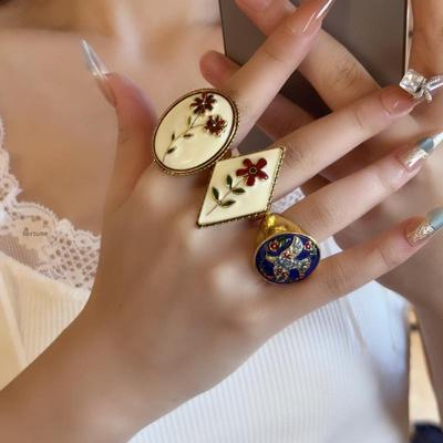1/3PC Elegant Vintage Geometric Drip Oil Flower Elliptical Opening Ring Personalized Fashionable Luxury Jewelry For Women Gift
